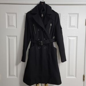 M60 Miss Sixty Black Belted Wool Blend Long Trench Coat Women's Size Medium